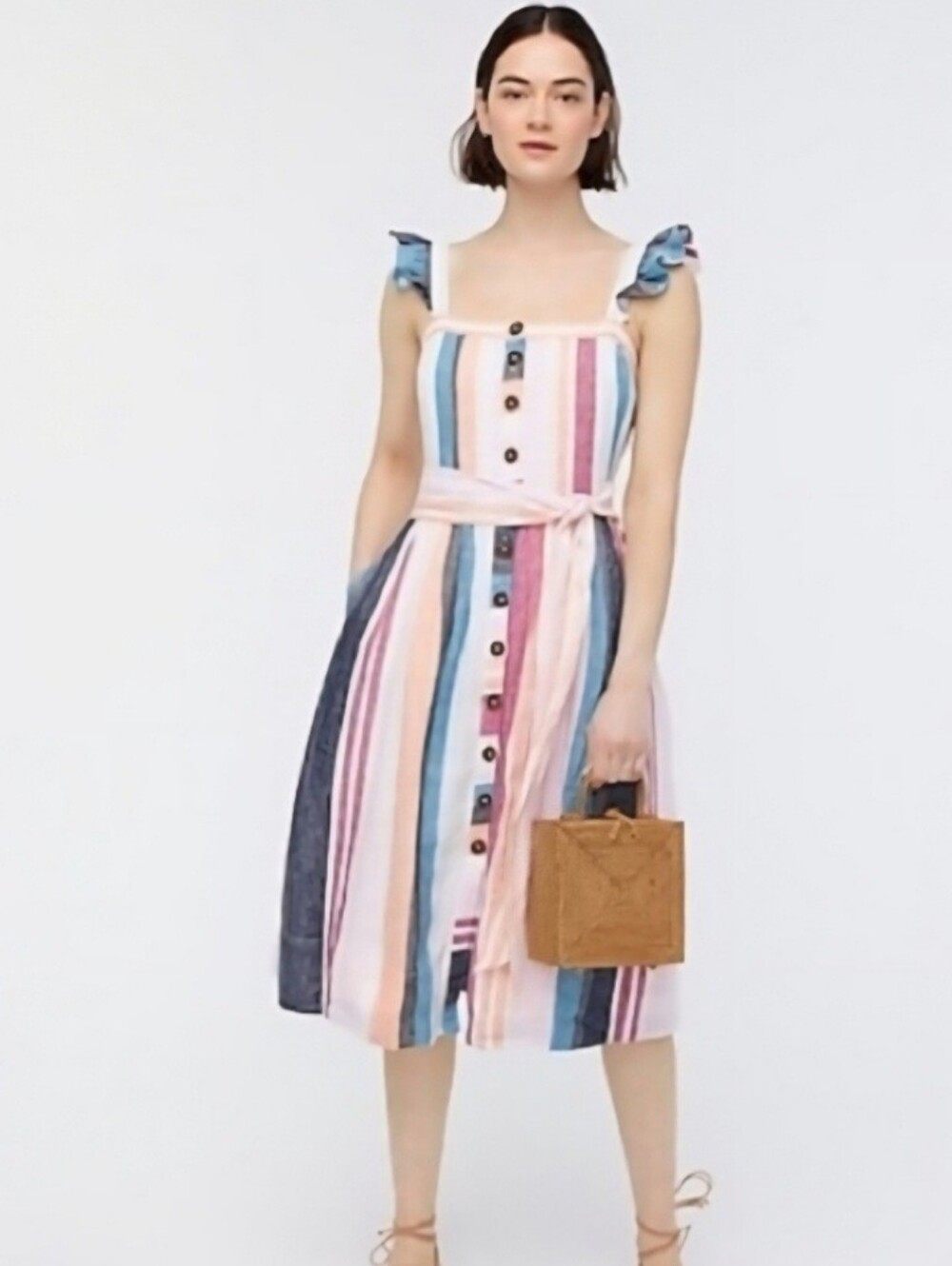 J Crew Striped Button-Front Midi Dress in Pastel Multi 0 NWT